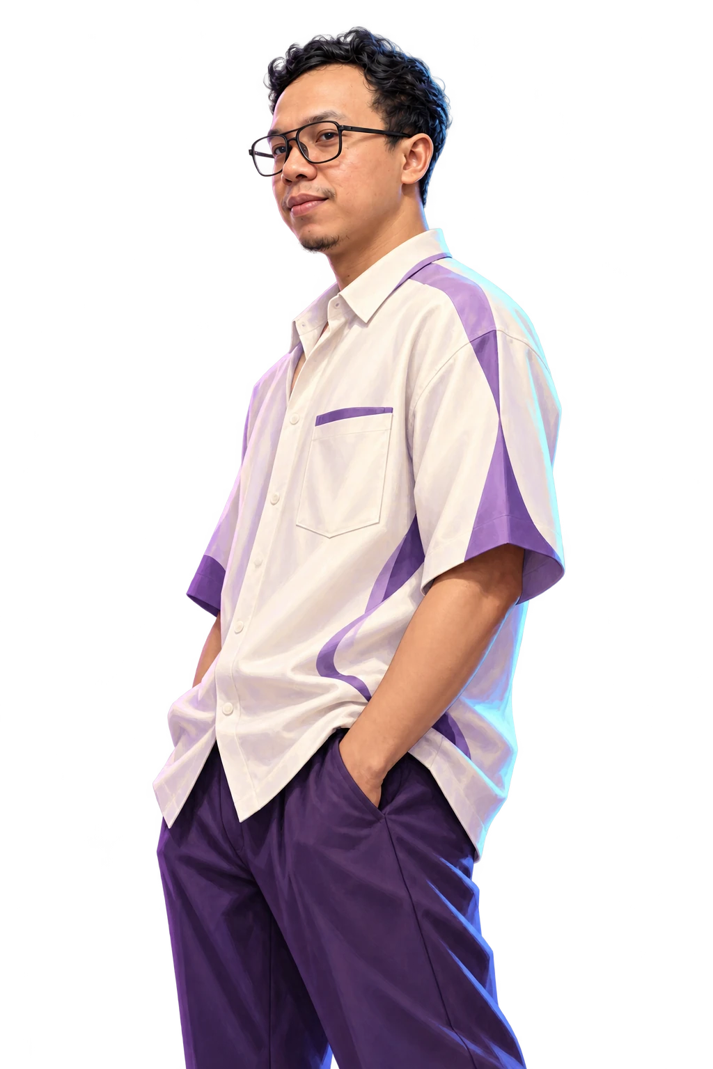 Ilustrasi painterly Ande mengenakan pakaian putih dan ungu